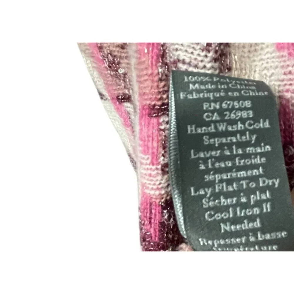 Vince Camuto Pink Burgundy Cream Metallic Houndstooth Fringed Scarf Wrap‎